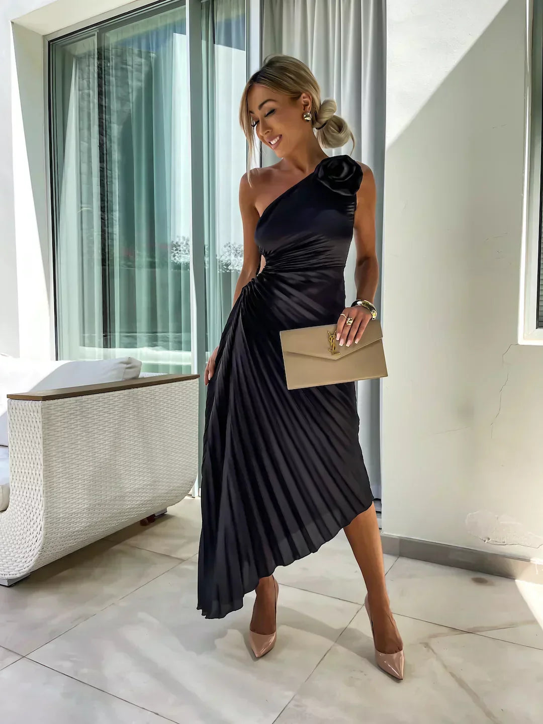 Eya™ | Elegante Maxi-Vestido com padrão floral e alça única
