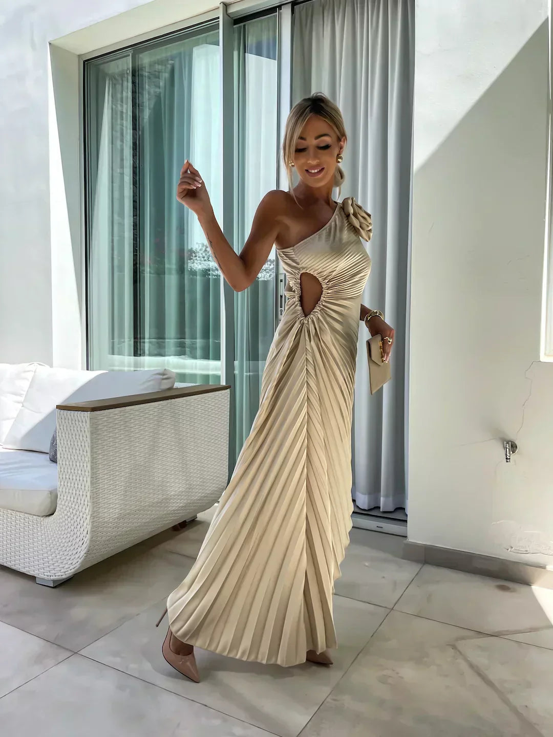 Eya™ | Elegante Maxi-Vestido com padrão floral e alça única