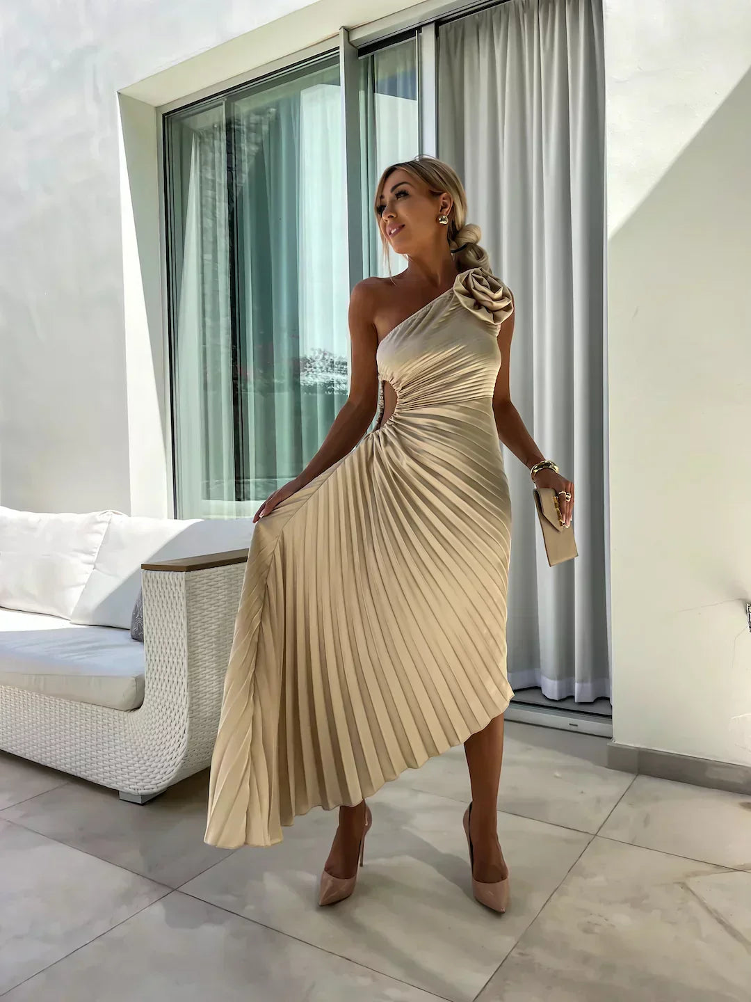 Eya™ | Elegante Maxi-Vestido com padrão floral e alça única