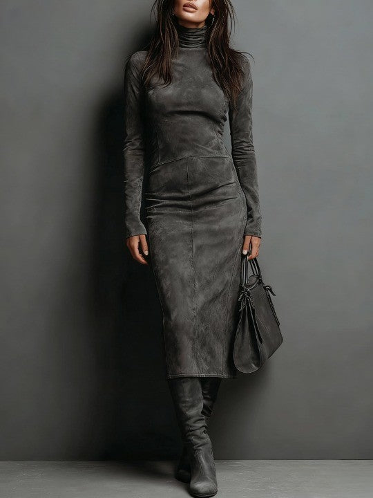 Robine | Vestido Midi de Camurça com Mangas Longas
