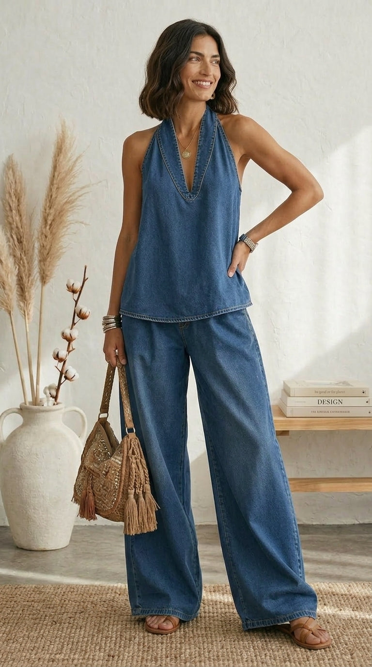 Maria Douro - Macacão de Denim Sem Alças