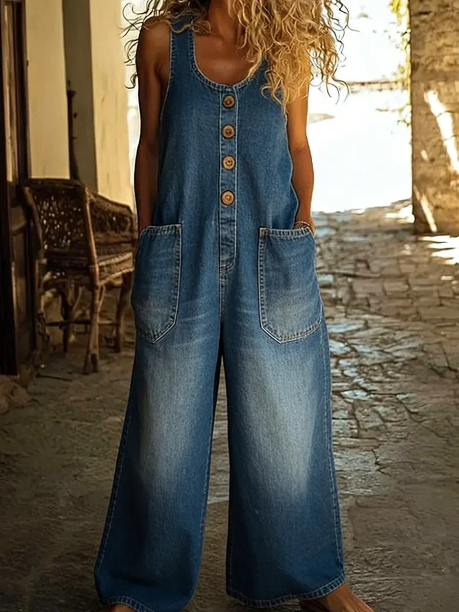Saylor - Macacão de Denim de Algodão Vintage Lavado